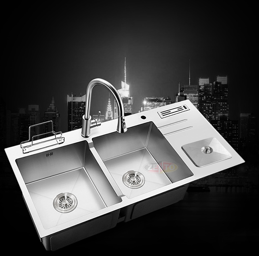Chậu rửa bát inox 2 hố cân có hộp rác HD10048-304HPT (full)