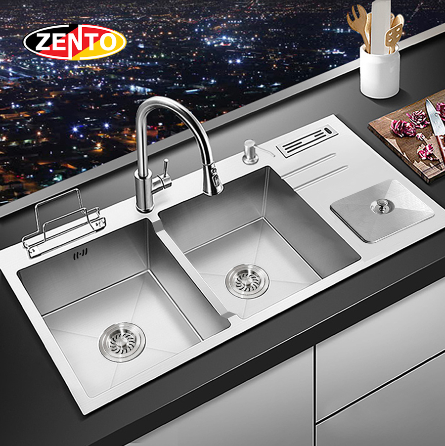 Chậu rửa bát inox 2 hố cân có hộp rác HD10048-304HPT (full)