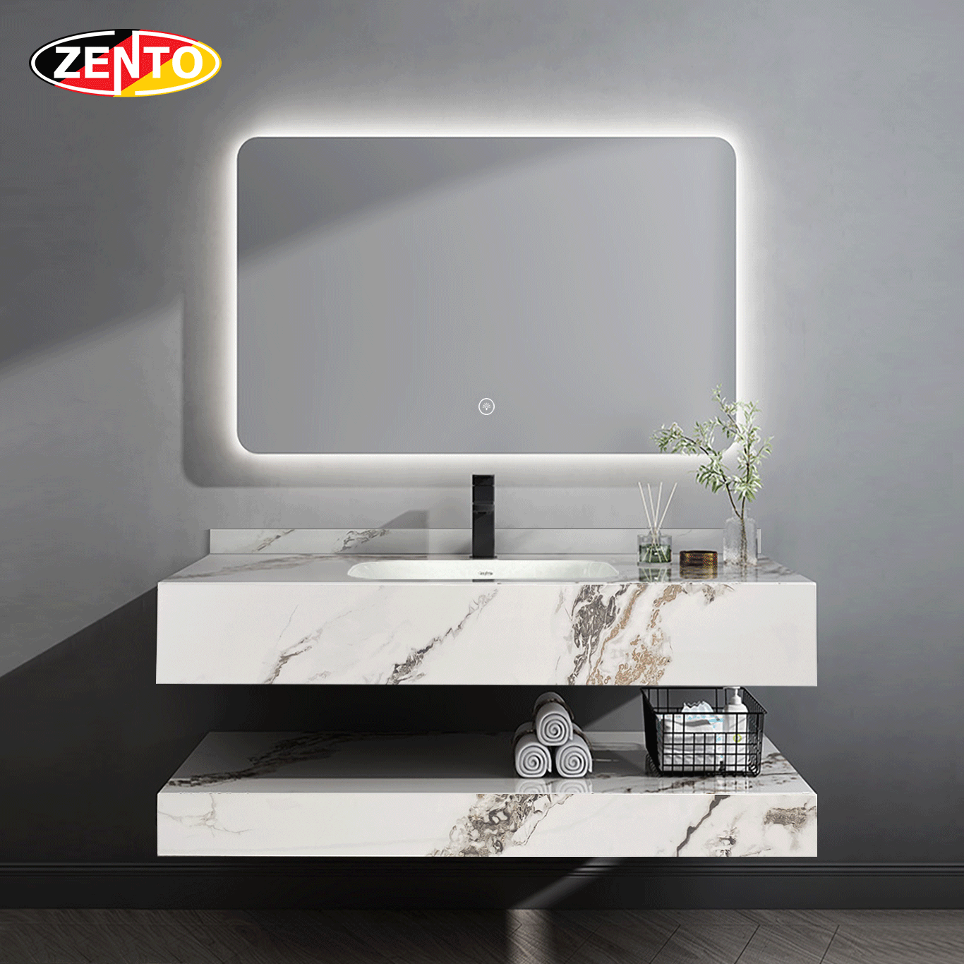 Bộ chậu lavabo, bàn đá, kệ, gương đèn Led ZT-LV8988-A (101)