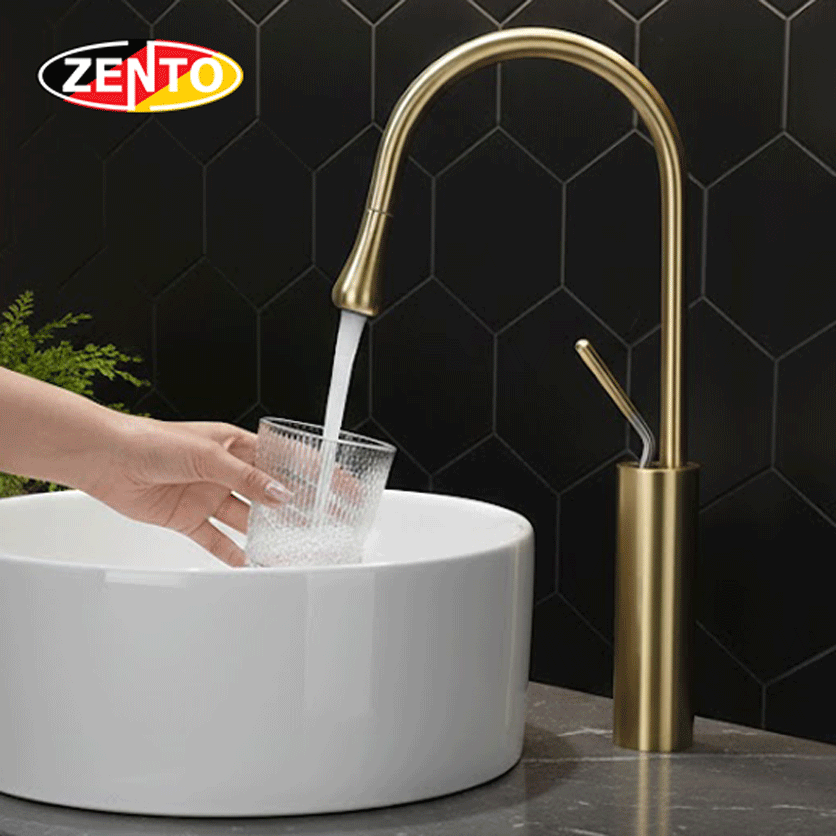 Vòi Lavabo nóng lạnh Art Water Drop Faucet SUS2187-Gold (dây rút)